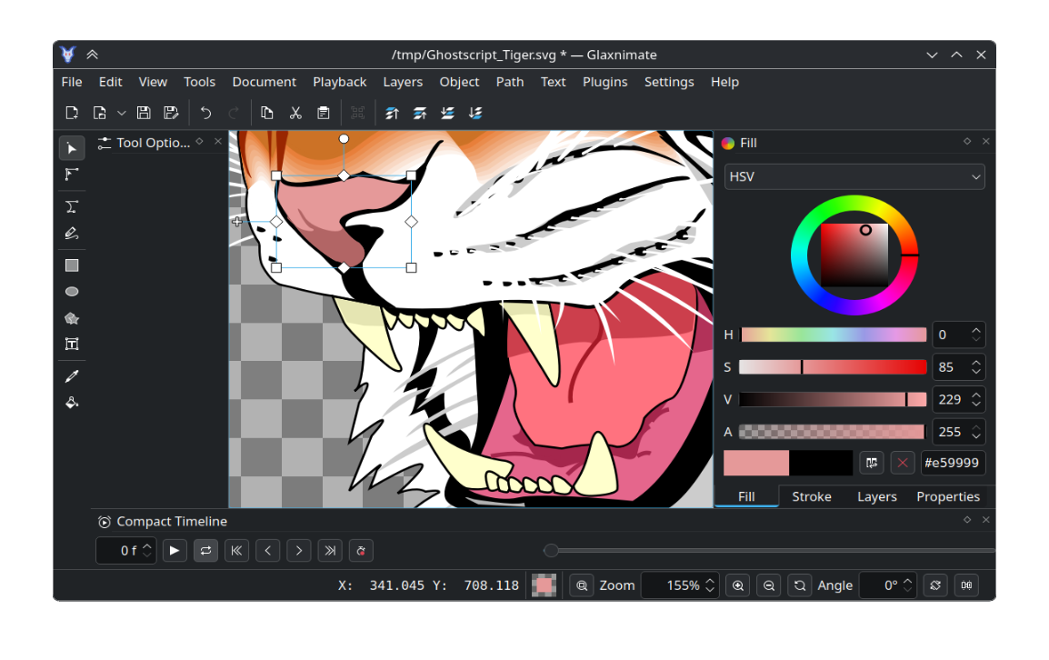 Glaxnimate screenshot showcasing the eps tiger, a common example of complex SVG images
