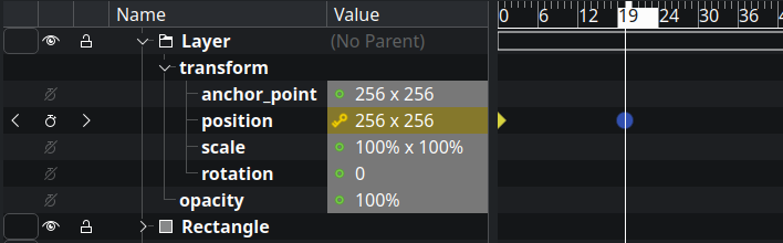 Glaxnimate timeline showing a property with keyframes
